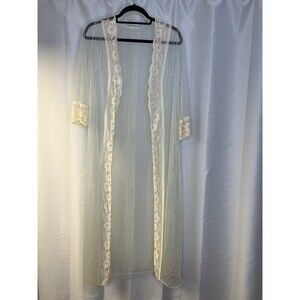 Vintage 60s/70s Large Pale Blue One Button Sheer Nylon Negligee Robe Lace